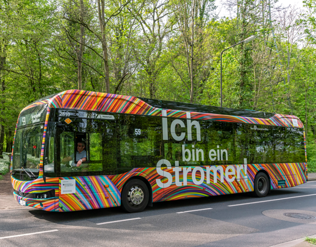 (c) traffiQ; Foto: Helmut Vogler Ein Bus fährt durch einen frühlingshaften Wald