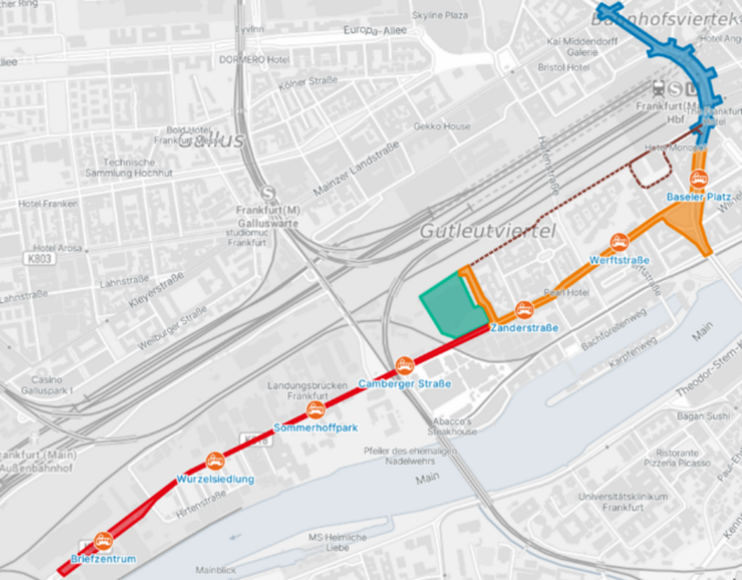 Grafik der Planung einer neuen Straßenbahnlinie in das Gutleutviertel (neue Linie 13)